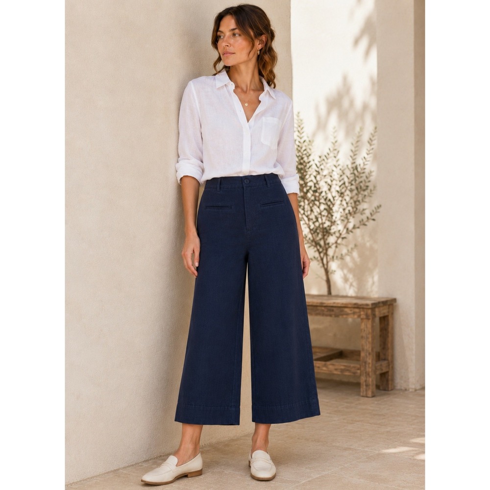 Maeve Anthropologie Colette Navy Blue Wide Leg Linen Blend Cropped Pants 27